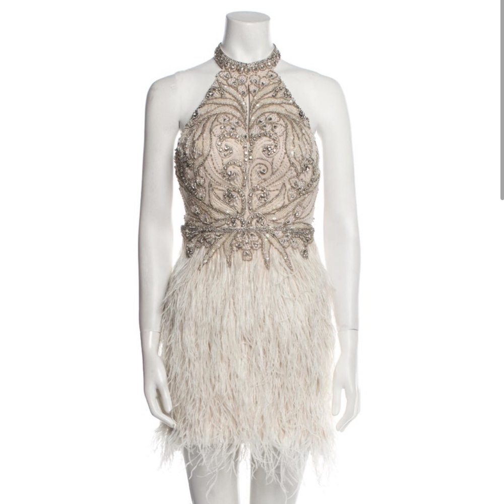 Jovani Feather Embellished Halter Dress